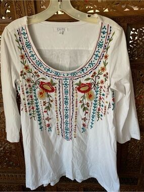 Caite White Embroidered Scoop Neck Women's Top - Multi Floral